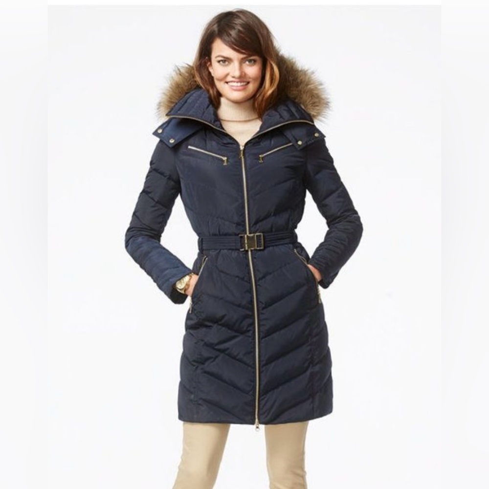 MICHAEL Michael Kors Navy Puffer Coat with Fur Trim size Medium